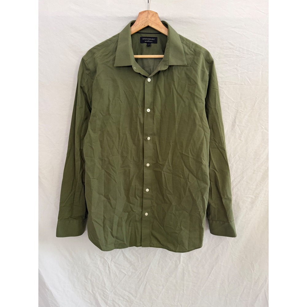 Banana Republic Button Down Mens Olive Green Non-Iron Slim Fit Micro-Dot Large